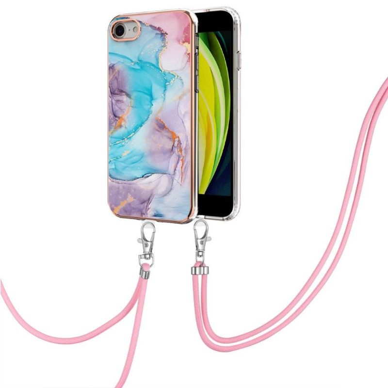 Coque iPhone SE 2022 / 2020 à cordon marbre coloré bleu