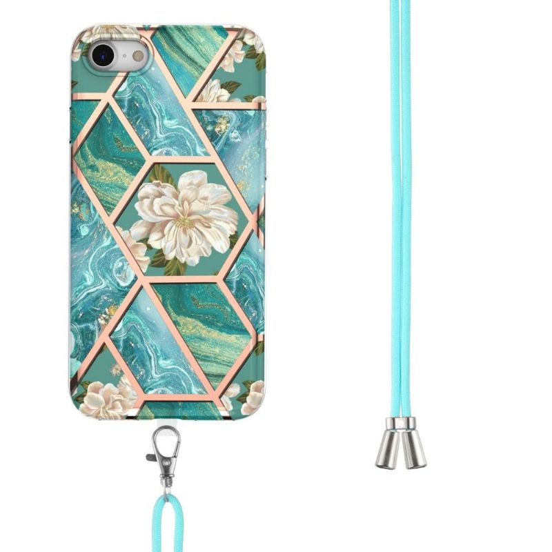 Coque iPhone SE 2022 / 2020 à cordon marbre et fleurs blanches
