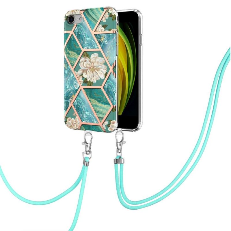 Coque iPhone SE 2022 / 2020 à cordon marbre et fleurs blanches