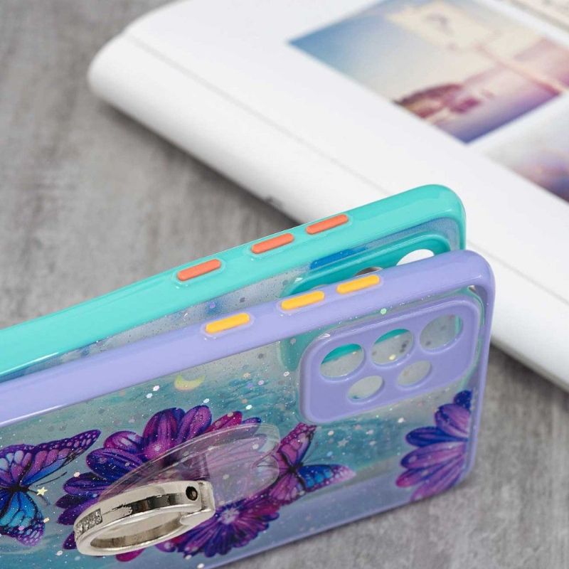 Coque Samsung Galaxy A72 5G / A72 4G fleurs et papillons bleus avec anneau