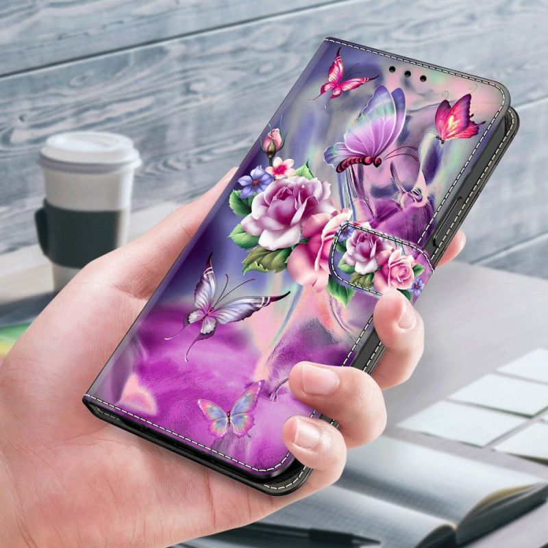 Housse Xiaomi Redmi 13C 4G/5G/Poco C65 Papillons et Fleurs Violettes