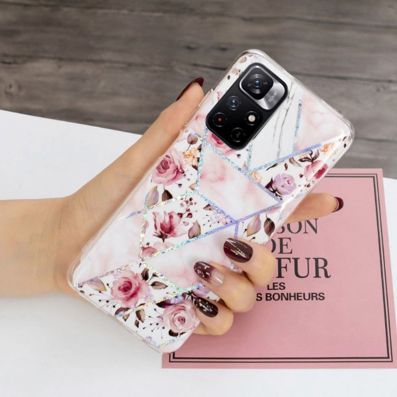 Coque Poco M4 Pro 5G silicone marbre et fleurs