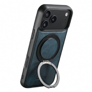Coque iPhone 17 Pro Compatible MagSafe Effet Cuir Ciré avec Support Rotatif