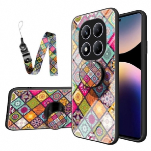 Coque Xiaomi Redmi Note 14 Pro 4G Support et Lanière Motif Patchwork
