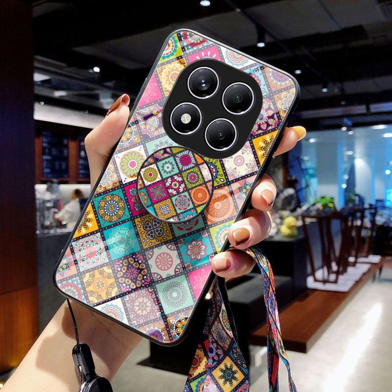 Coque Xiaomi Redmi Note 14 Pro 4G Support et Lanière Motif Patchwork