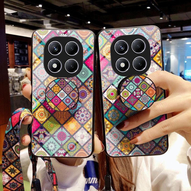 Coque Xiaomi Redmi Note 14 Pro 4G Support et Lanière Motif Patchwork