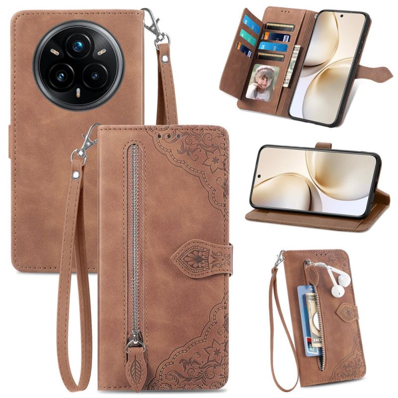 Housse Realme 14 Pro 5G Effet Daim Dentelle avec Pochette et Lanière