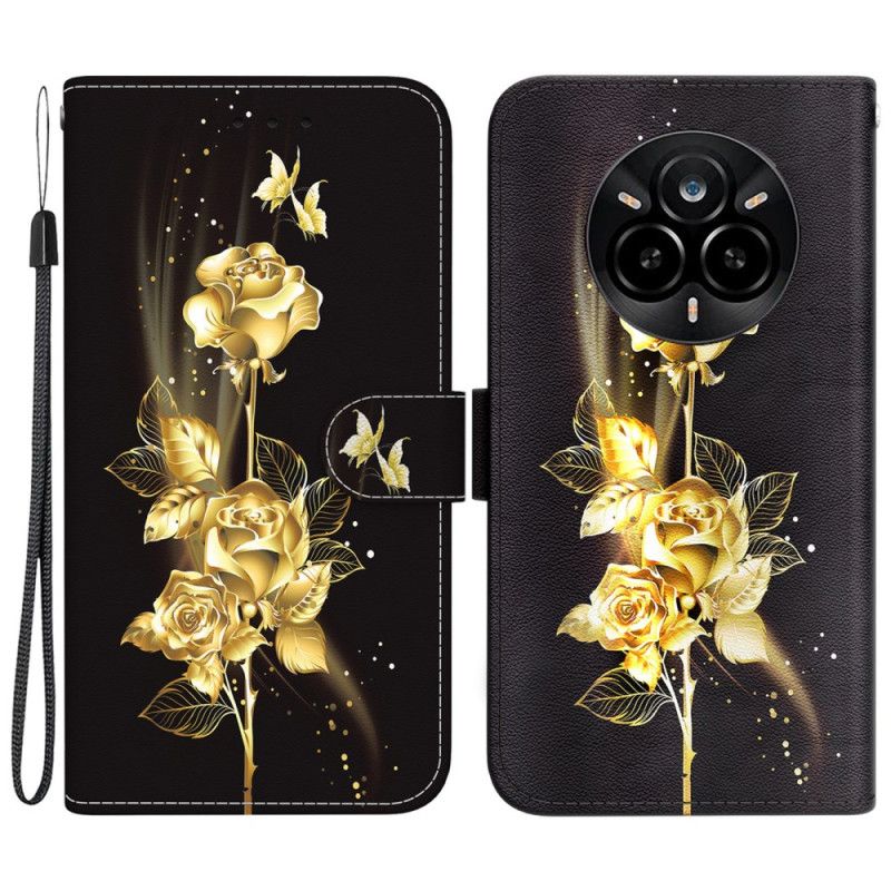 Housse Realme 14 Pro 5G Papillons Dorés et Roses