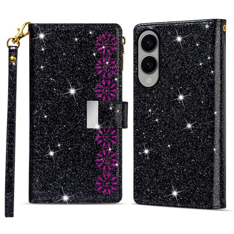 Housse Samsung Galaxy S25 Edge Portefeuille Paillettes à Lanière
