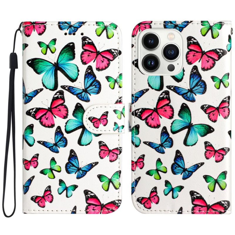 Housse iPhone 16 Pro Max Papillons Colorés à Lanière