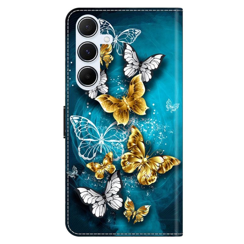 Housse Samsung Galaxy A17 4G / 5G Papillons Dorés sur Fond Vert