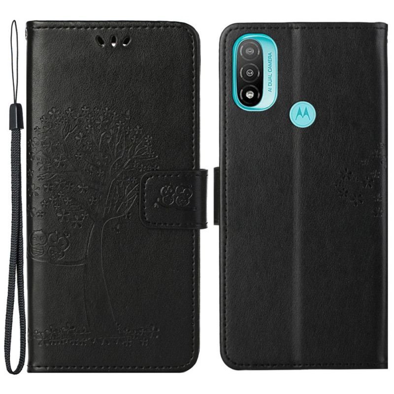 Housse Moto G71 5G Arbre et Hiboux à Lanière