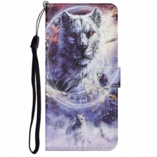 Housse Moto G71 5G Loup en Hiver avec Lanière