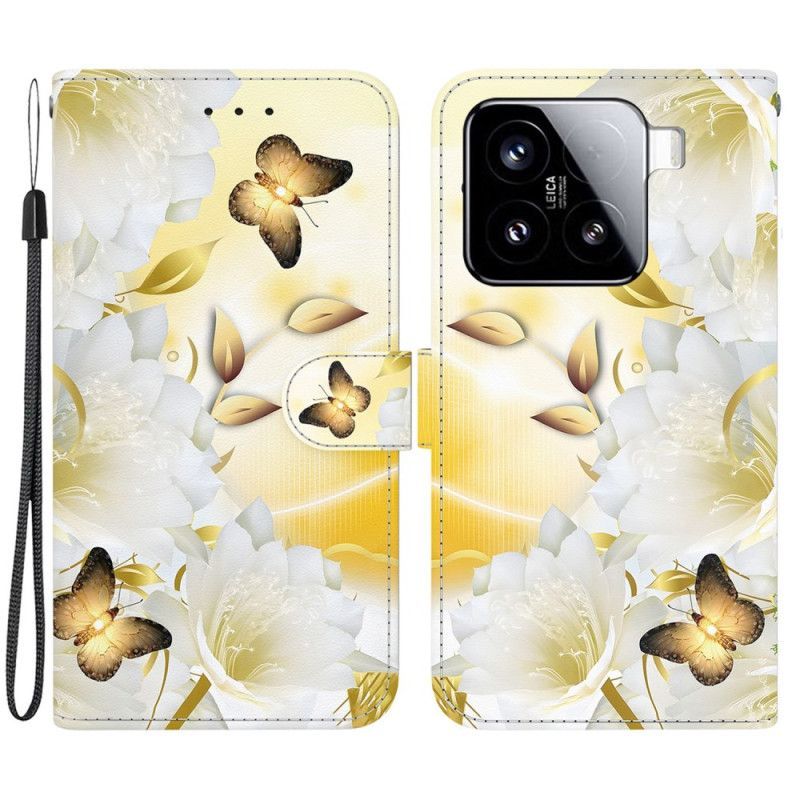 Housse Xiaomi 15 Papillons Dorés et Fleurs Blanches