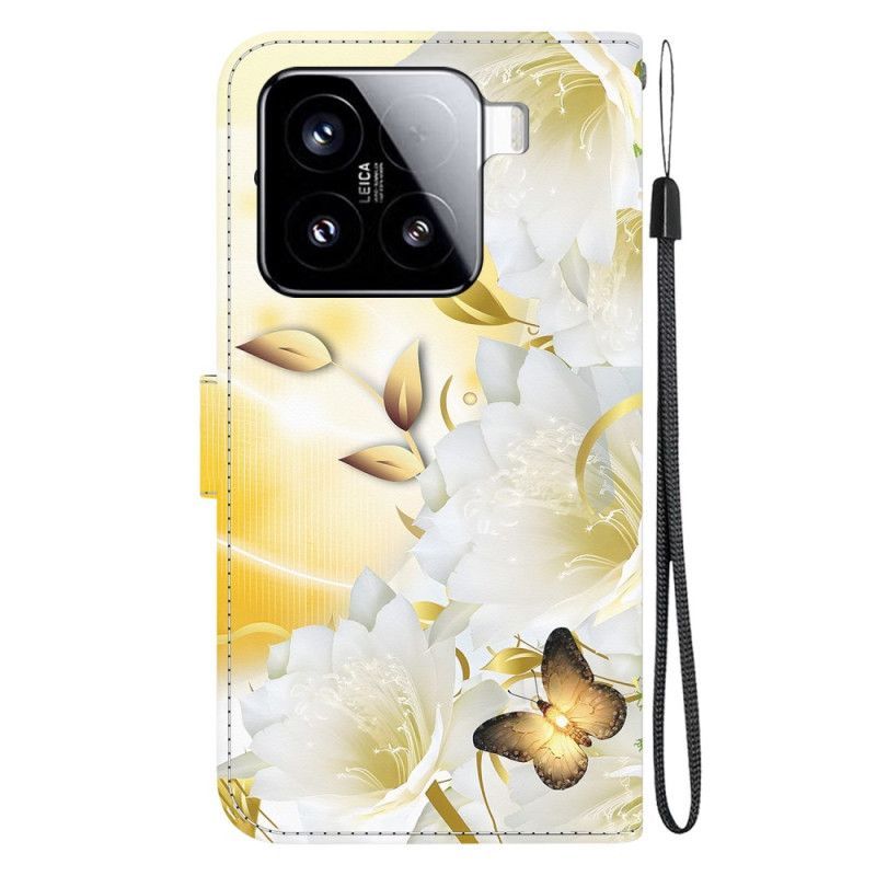 Housse Xiaomi 15 Papillons Dorés et Fleurs Blanches