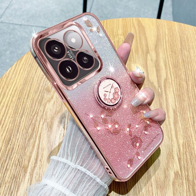 Coque Xiaomi 14T Pro Anneau-Support Strass et Fleurs KADEM