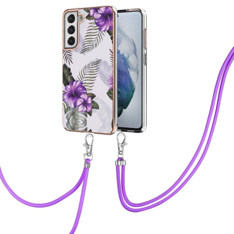 Coque Samsung Galaxy S21 FE fleurs exotiques à cordon