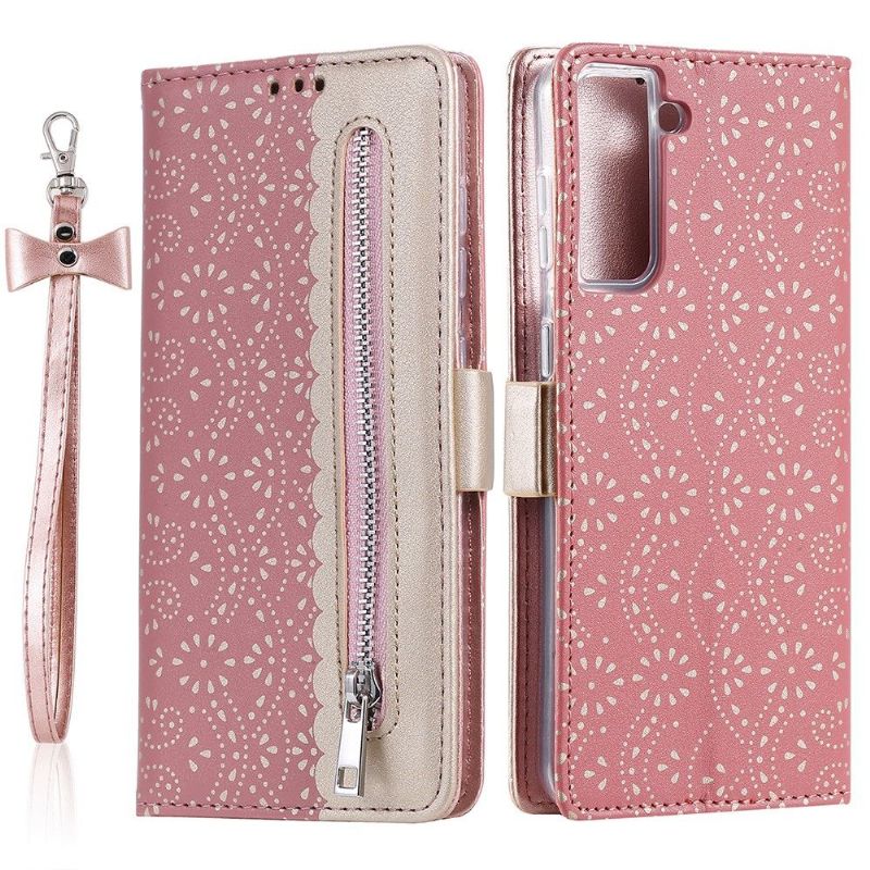 Housse Samsung Galaxy S21 FE Dentelle Fleur Effet Cuir