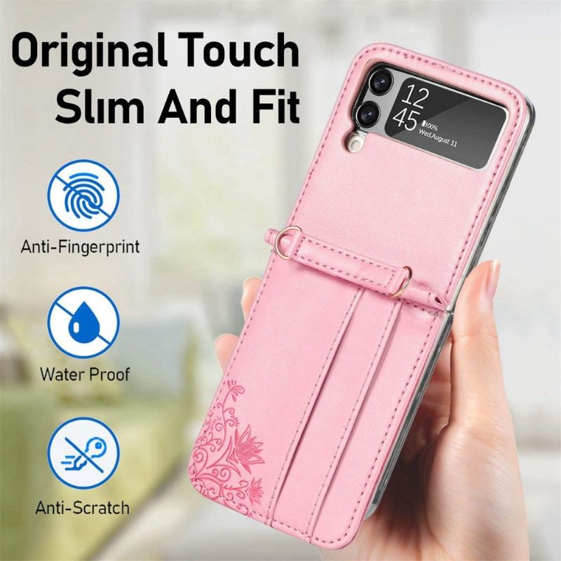 Coque Samsung Galaxy Z Flip3 5G Porte-Cartes Fleurs à Cordon