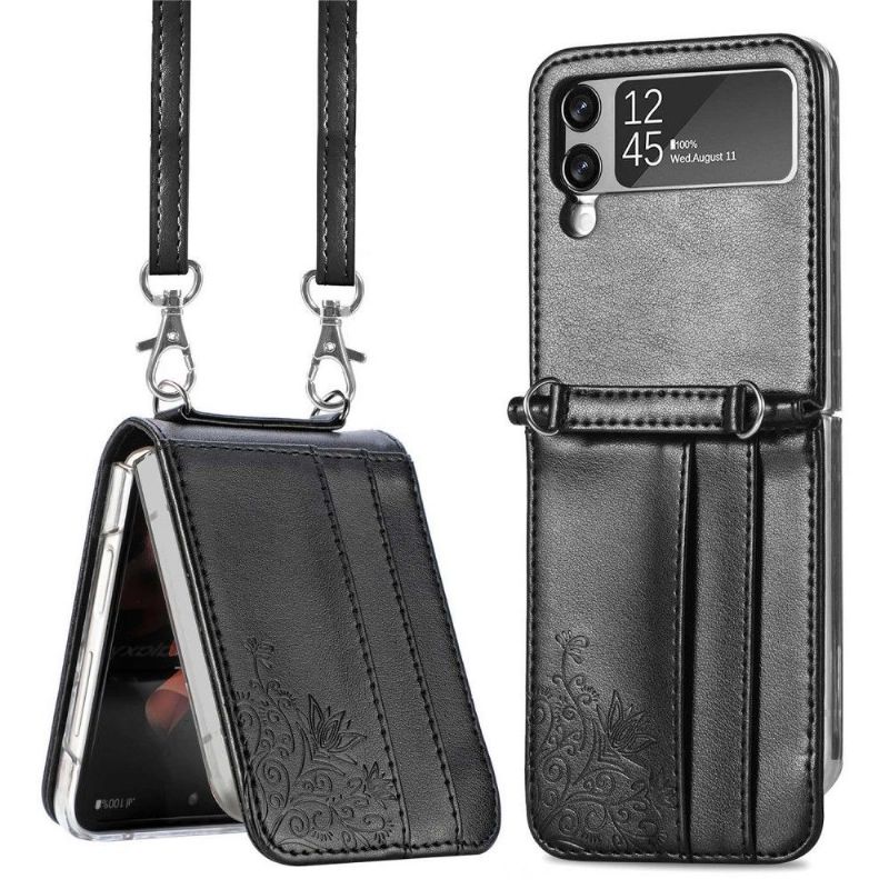 Coque Samsung Galaxy Z Flip3 5G Porte-Cartes Fleurs à Cordon