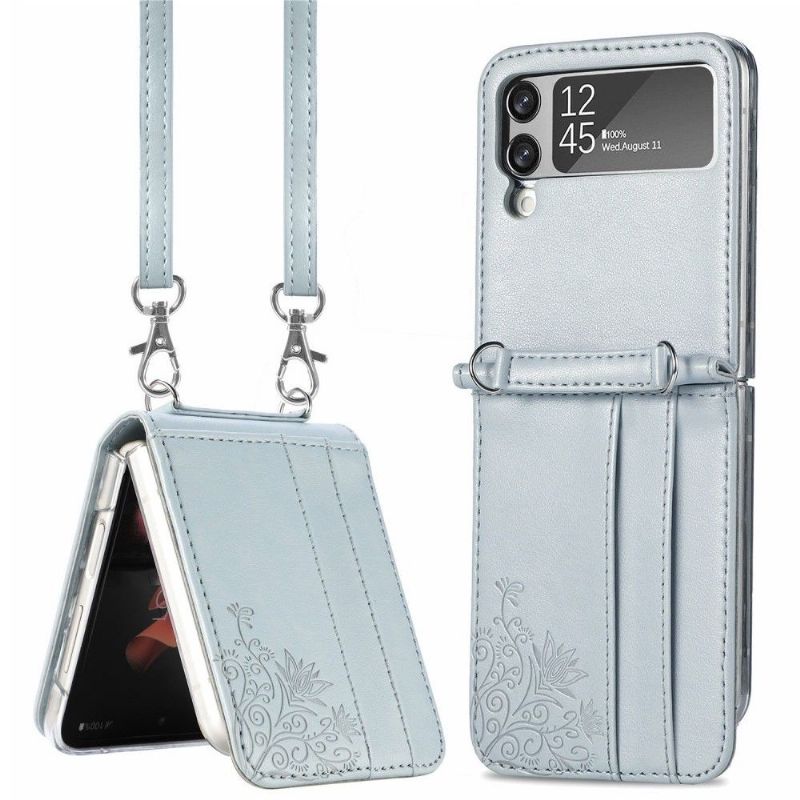 Coque Samsung Galaxy Z Flip3 5G Porte-Cartes Fleurs à Cordon