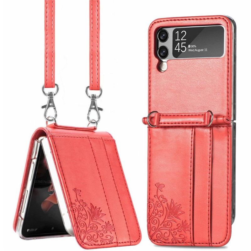 Coque Samsung Galaxy Z Flip3 5G Porte-Cartes Fleurs à Cordon