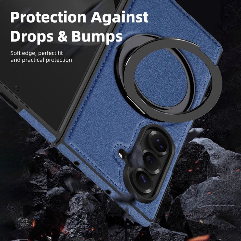 Coque Samsung Galaxy Z Fold 7 Compatible MagSafe Effet Cuir avec Anneau-Support Rotatif à