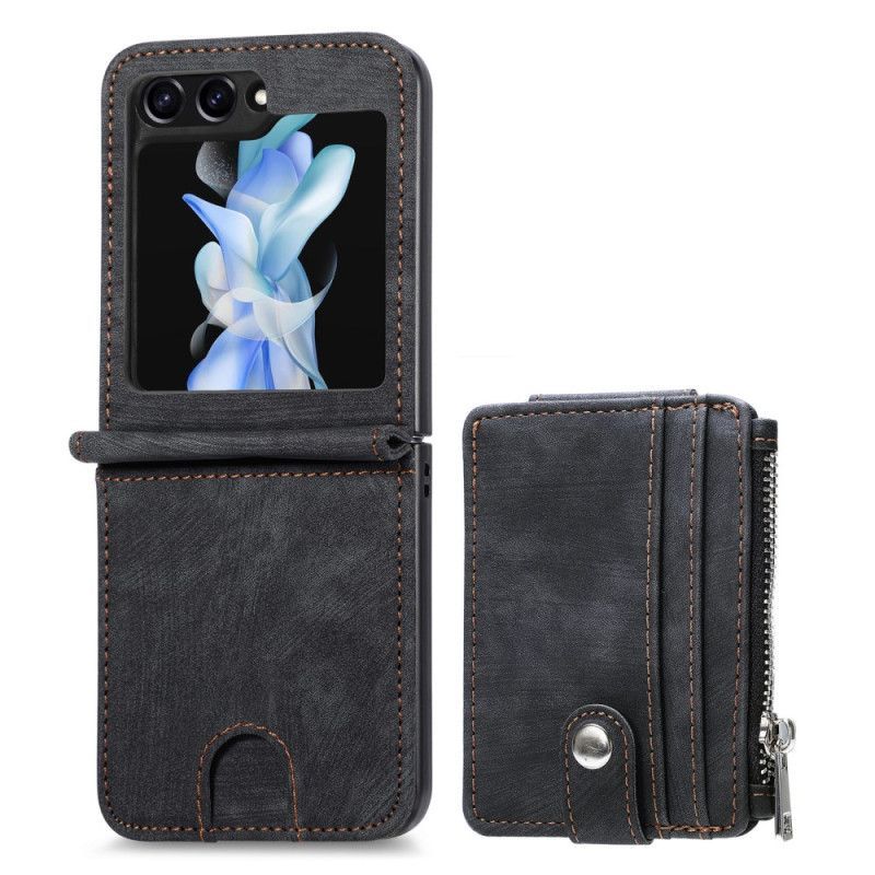 Coque Samsung Galaxy Z Flip 7 FE / Z Flip 6 Support Rétro et Porte-Cartes Zippé