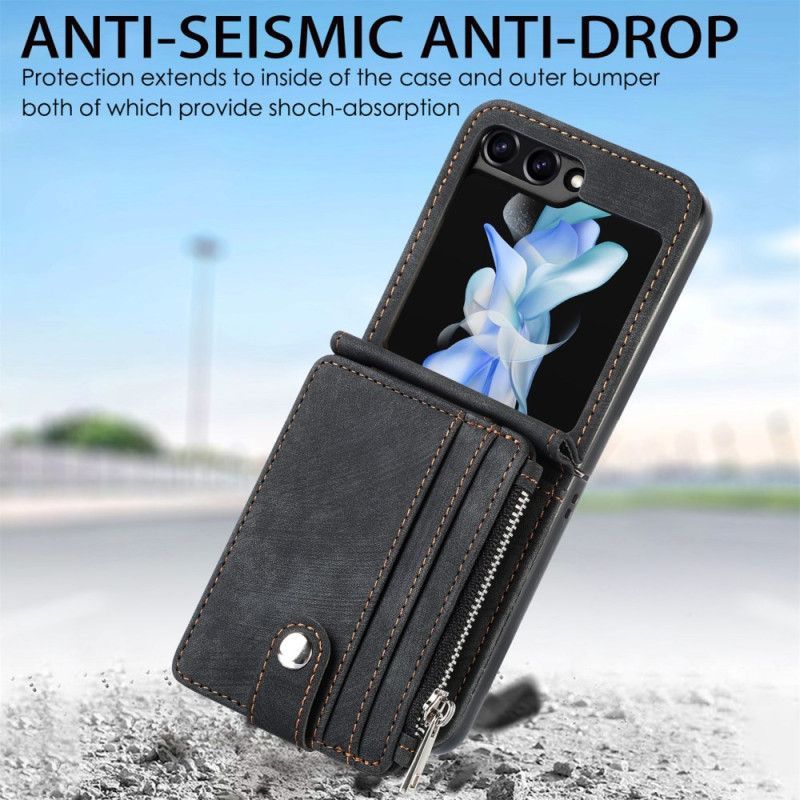 Coque Samsung Galaxy Z Flip 7 FE / Z Flip 6 Support Rétro et Porte-Cartes Zippé