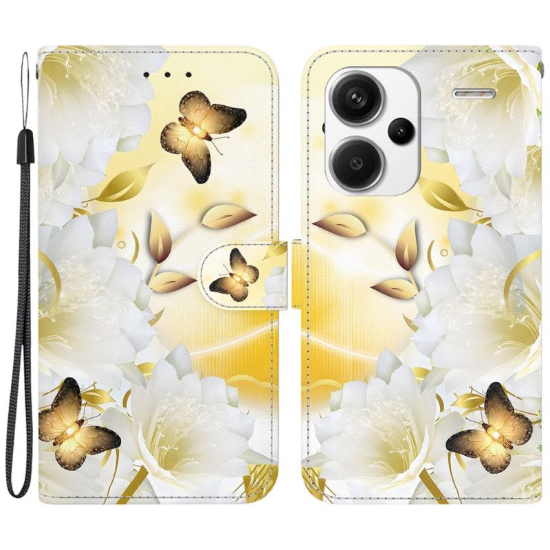 Housse Xiaomi Redmi Note 13 Pro Plus 5G Papillons Dorés et Fleurs Blanches à Lanière