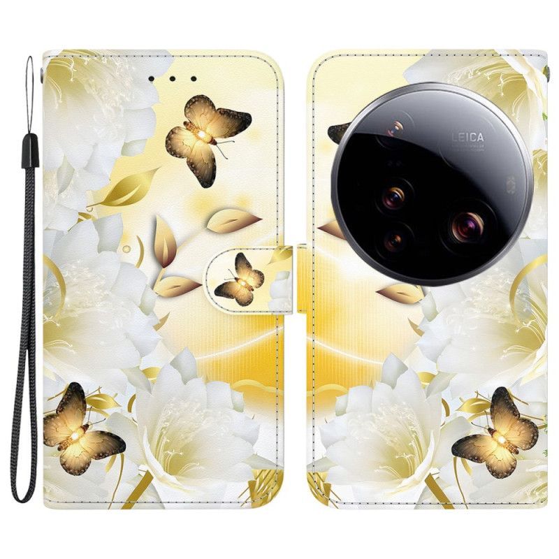 Housse Xiaomi 15 Ultra Papillons Dorés et Fleurs Blanches