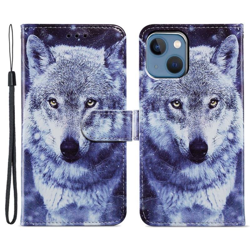 Housse iPhone 15 Loup Blanc à Lanière