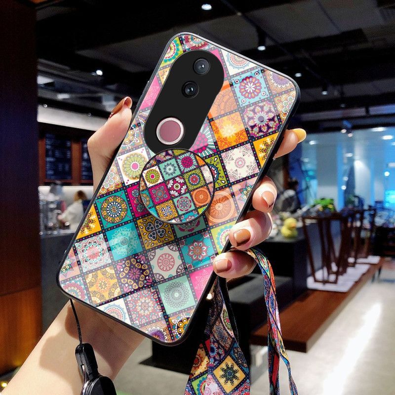 Coque Vivo V50 5G Support et Lanière Patchwork