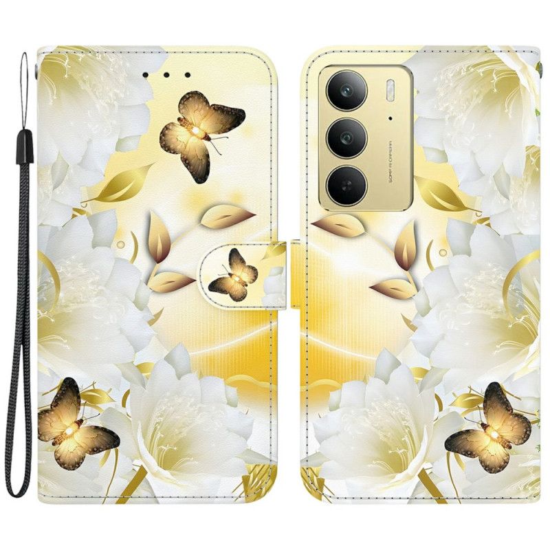 Housse Realme C75 Papillons Dorés et Fleurs Blanches