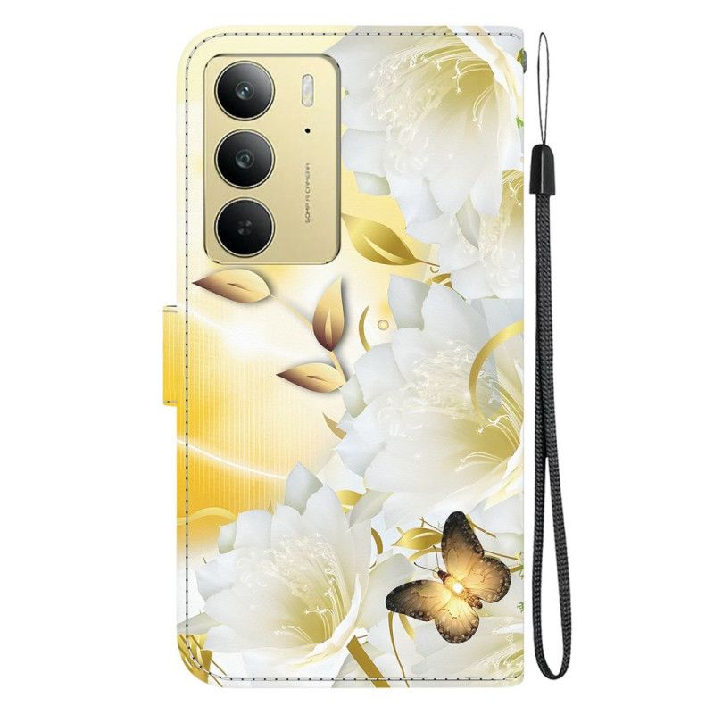 Housse Realme C75 Papillons Dorés et Fleurs Blanches