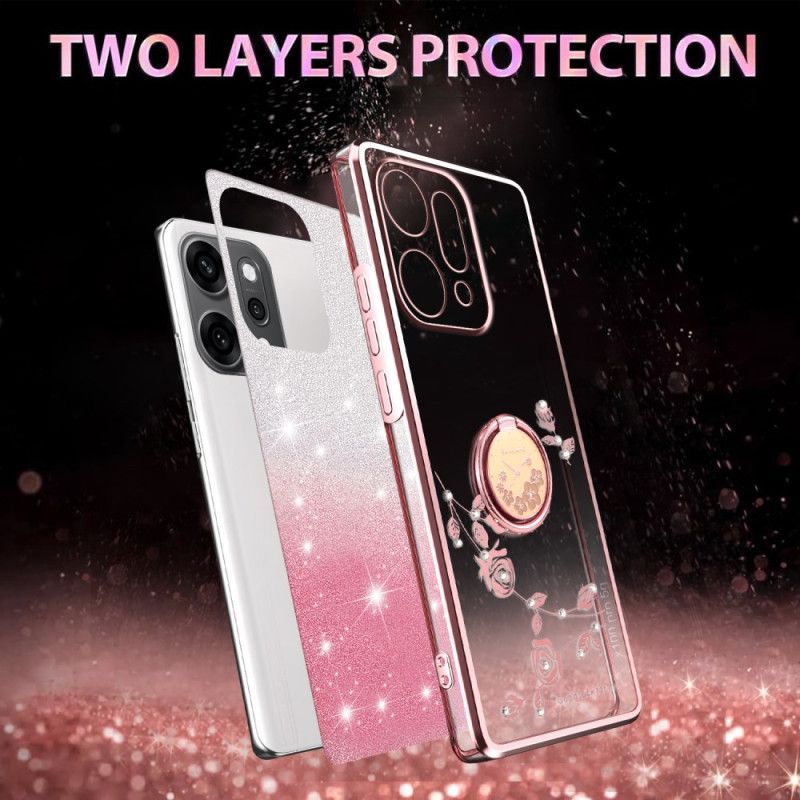 Coque Oppo Reno 14 5G Fleurs et Strass avec Anneau-Support