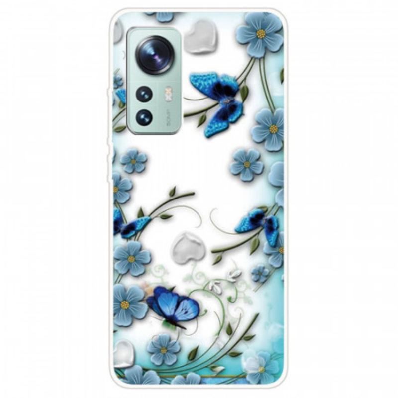 Coque Xiaomi 12 / 12X Fleurs et Papillons Bleus
