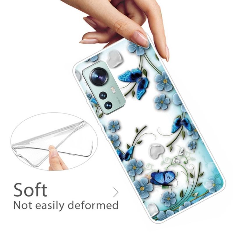 Coque Xiaomi 12 / 12X Fleurs et Papillons Bleus