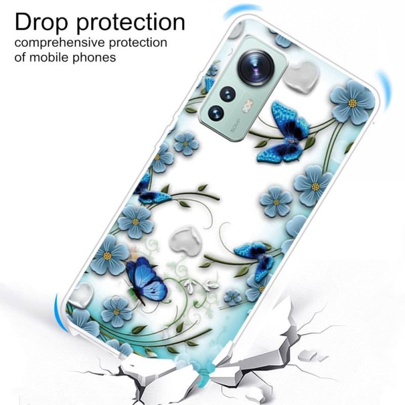 Coque Xiaomi 12 / 12X Fleurs et Papillons Bleus