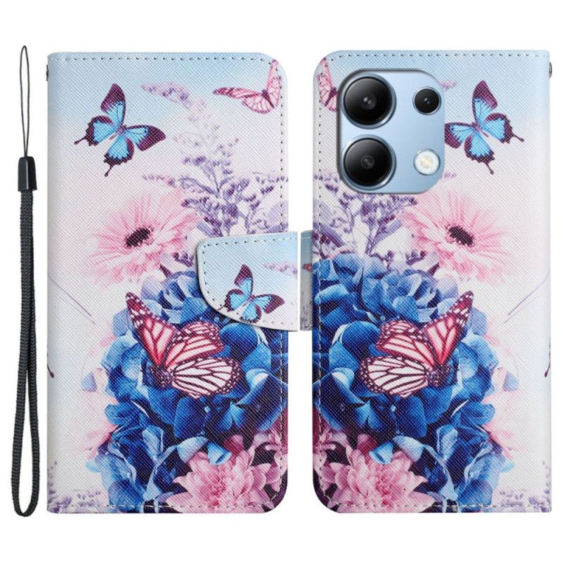 Housse Xiaomi Redmi Note 13 4G Papillons Pourpres à Lanière