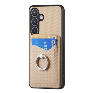 Coque Samsung Galaxy S25 5G Fibre Carbone Porte-cartes et Anneau-Support