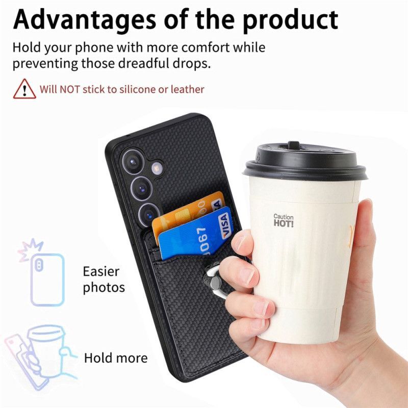 Coque Samsung Galaxy S25 5G Fibre Carbone Porte-cartes et Anneau-Support