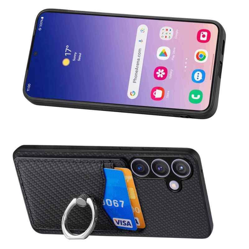 Coque Samsung Galaxy S25 5G Fibre Carbone Porte-cartes et Anneau-Support