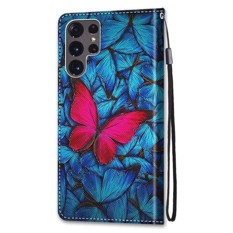 Housse Samsung Galaxy S22 Ultra 5G Papillons bleus et rose