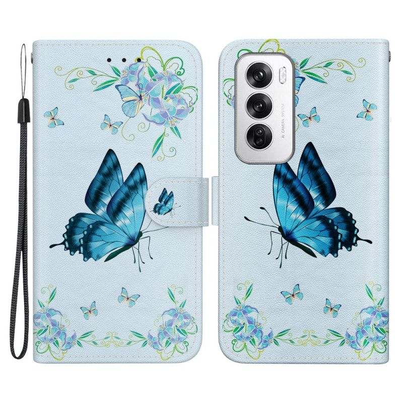 Housse Oppo Reno 12 5G Papillons Bleus et Fleurs à Lanière